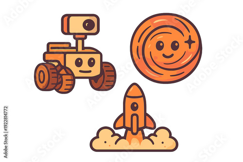 A collection of three cute space-themed mascots including a smiling Mars rover, a happy swirling orange planet, and a rocket ship launching with a cloud of smoke at the base.