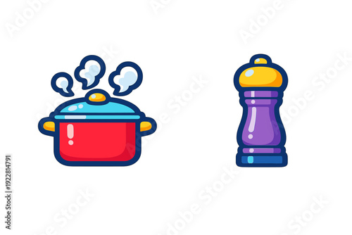 A cartoon illustration of a red cooking pot with a blue lid emitting steam next to a purple pepper grinder. Both kitchen items are depicted in a vibrant, stylized vector art style.