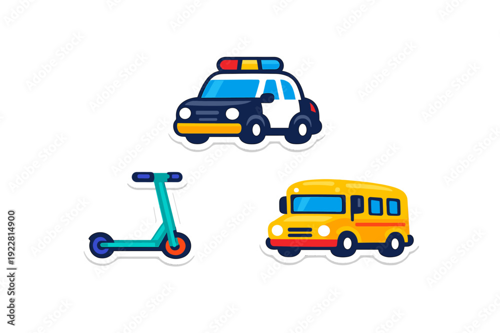 Naklejka premium A collection of three cartoon transport stickers featuring a police car, a yellow school bus, and a teal kick scooter, all set against a solid black background with white borders.