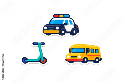 A collection of three cartoon transport stickers featuring a police car, a yellow school bus, and a teal kick scooter, all set against a solid black background with white borders.