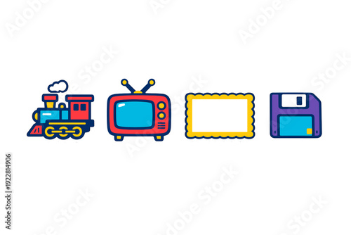 A collection of four colorful retro stickers featuring a steam train, a vintage television, a scalloped frame, and a floppy disk, all set against a solid black background.