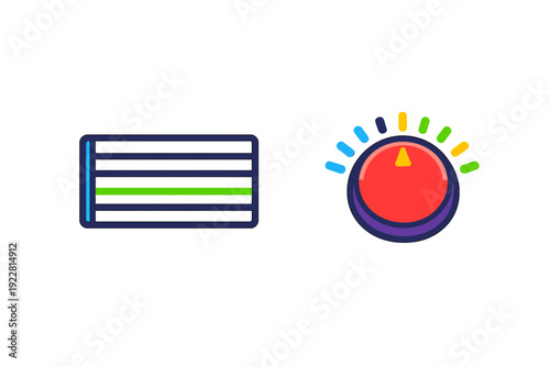 A flat vector illustration featuring a rectangular level meter with a green bar and a circular red control knob with colorful indicator marks, set against a solid black background.