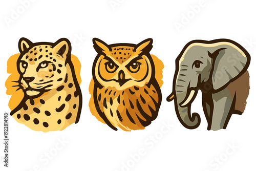 A set of three stylized animal portraits featuring a spotted leopard, a wise owl, and a grey elephant. The illustrations use bold outlines and warm tones against a black background.