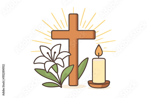 A flat vector illustration featuring a wooden cross with radiant light rays, a dark lily flower with green leaves, and a lit candle in a holder against a black background.