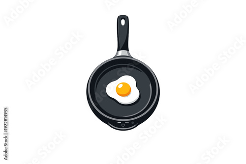 A top-down vector illustration of a black frying pan containing a single fried egg with a bright yellow yolk set against a solid black background with a power icon at the base.