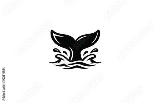 A black silhouette of a whale tail fluke emerging from stylized ocean waves and water splashes, presented as a minimalist graphic design against a solid black background.