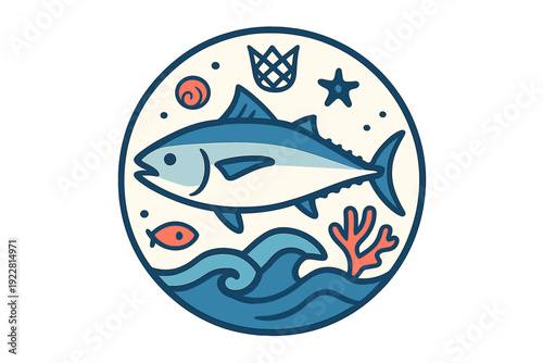 This circular emblem showcases a stylized tuna swimming above blue waves, surrounded by marine life including coral, a starfish, and a shell in a clean flat graphic design style.