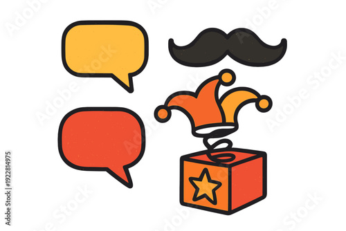 This illustration features a jack-in-the-box with a jester hat, a mustache, and two speech bubbles on a black background. The design uses vibrant orange, yellow, and red tones for a fun look.