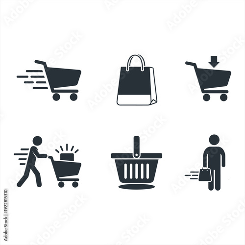 Set of simple black shopping icons representing commerce and consumerism