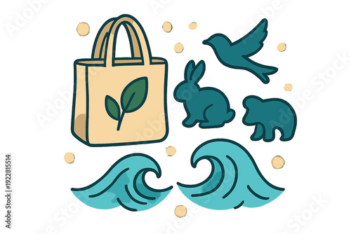 A collection of eco-friendly clipart featuring a reusable tote bag with a leaf, silhouettes of a bird, rabbit, and bear, and stylized ocean waves on a dark background with beige dots.