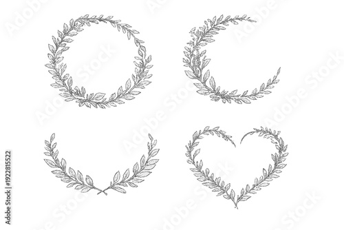 A collection of four hand-drawn botanical wreaths and frames in various shapes including a circle, heart, and crescent, featuring delicate leaf and branch illustrations on a black background.