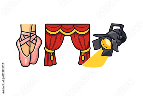 This illustration features three icons related to theater and dance: pink ballet pointe shoes, red stage curtains with gold tassels, and a black spotlight casting a yellow beam.