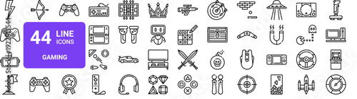 Set of 44 thin line gaming and entertainment icons. Gamepad, VR glasses, arcade, console, joystick pack. Vector illustration with editable stroke