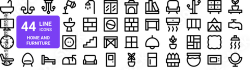 Set of 44 thin line home and furniture icons. Bathtub, TV, clock, sofa, bed, lamp, window, fireplace. Outline vector illustration pack for web and app design