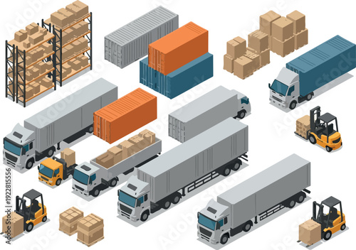 Logistics and transportation scene with trucks, forklifts, and crates in an industrial setting from an aerial viewpoint