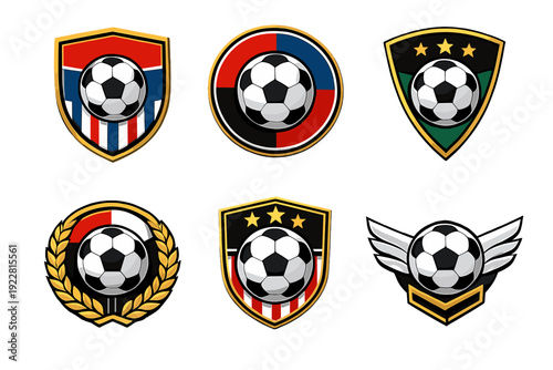 Six distinct soccer emblems displayed on a black background, featuring footballs within shields and circular frames decorated with stars, wings, and laurel wreaths.