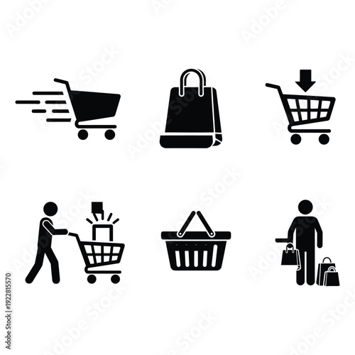 Shopping icons depicting various retail activities and symbols for online and in-store purchases