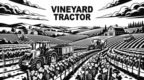 tractor agriculture farm vineyard field machinery rural harvest grape crop landscape equipment industry design black and white vector illustration