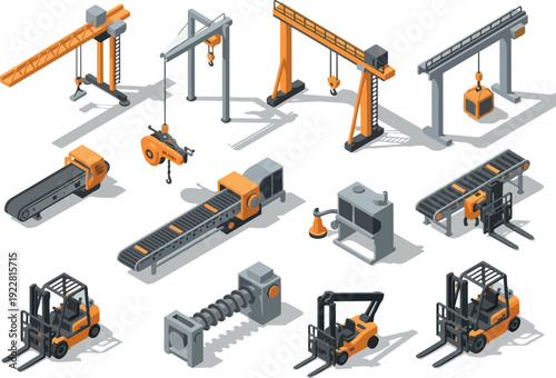 Collection of industrial machinery and equipment including cranes, conveyors, and forklifts in a warehouse setting viewed from above.