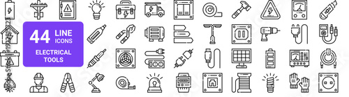Set of 44 thin line electrical tools and equipment icons. Electrician, battery, power, energy. Outline vector illustration pack for web and app design