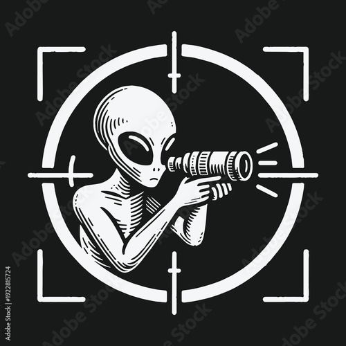 Alien in crosshairs focused on observation with a telescope.
