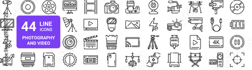Set of 44 thin line photography and video production icons. Camera, film, spotlight, monitor, flash pack. Outline vector illustration for web and app design