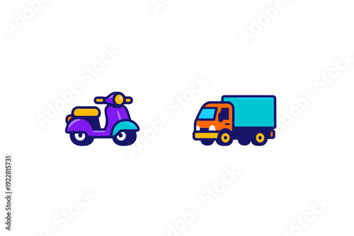 A colorful vector illustration featuring a purple motor scooter and an orange delivery truck on a black background. The vehicles are depicted in a clean, flat graphic style.