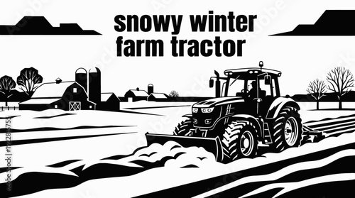 tractor farm snowy field machinery rural winter landscape equipment industry countryside black and white design vector illustration