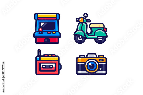 A collection of four retro-themed icons featuring a vintage arcade machine, a classic motor scooter, a portable cassette player, and a film camera on a solid black background.