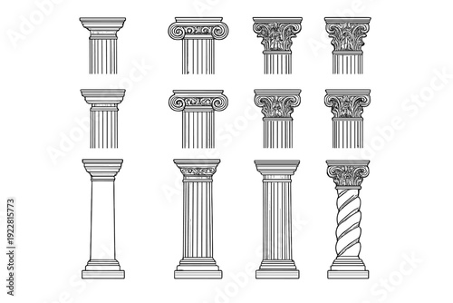 A black and white technical illustration showcasing various classical architectural column styles, including Doric, Ionic, and Corinthian capitals with detailed fluted and spiral shafts.