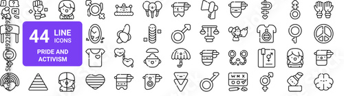 Set of 44 thin line icons for gender identity, LGBTQ pride, feminism and social activism. Vector outline illustration pack with diverse equality symbols