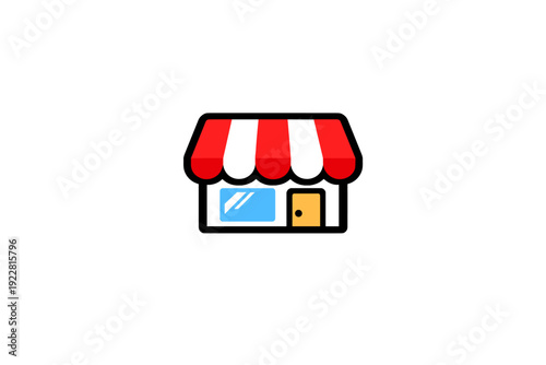 A minimalist flat icon representing a small retail shop or storefront featuring a red and black striped awning, a blue display window, and a yellow door on a black background.