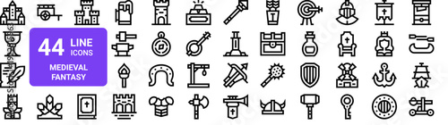Set of 44 thin line medieval fantasy icons. Castle, sword, shield, treasure, knight armour, fortress elements. Outline vector illustration pack