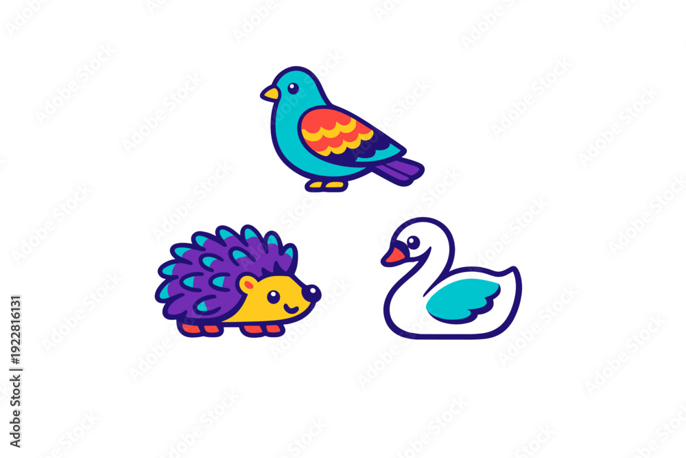 Naklejka premium A collection of three colorful cartoon animal icons featuring a blue bird, a purple hedgehog, and a white swan, all set against a solid black background in a minimalist vector style.