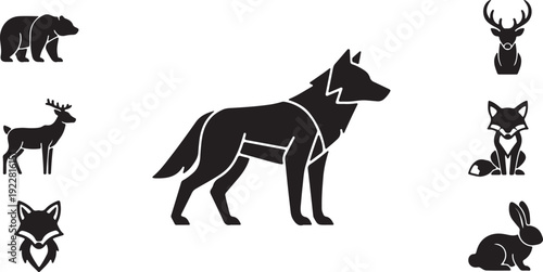 Wolf and Forest Animal Silhouette Icon Set Wildlife Vector Collection.
