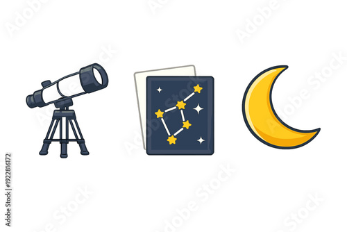 A flat illustration featuring a black telescope on a tripod, a card displaying a star constellation, and a yellow crescent moon, all set against a solid black background.