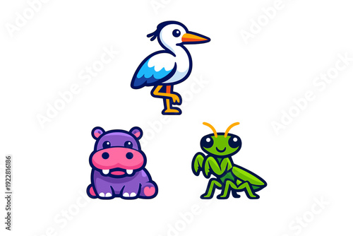A collection of three cute cartoon animal illustrations featuring a white stork, a purple hippopotamus, and a green praying mantis, all set against a solid black background.
