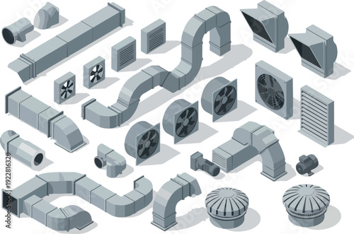 Various industrial ventilation components and ductwork systems displayed in a 3D isometric illustration