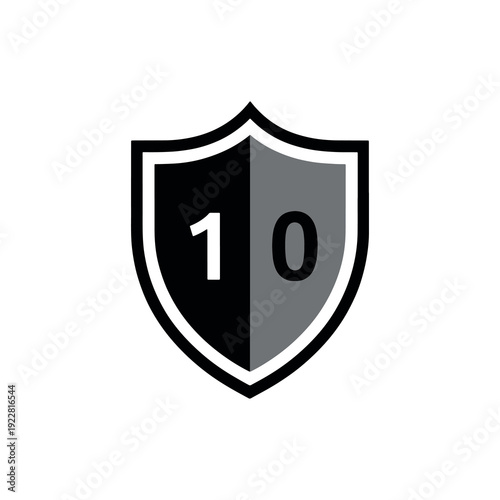 Bold shield symbol with modern gray and black tones displays the number ten in clean white text