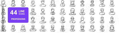 Set of 44 thin line profession and occupation icons including waiter, chef, doctor, teacher, pilot, athlete, scientist. Vector illustration