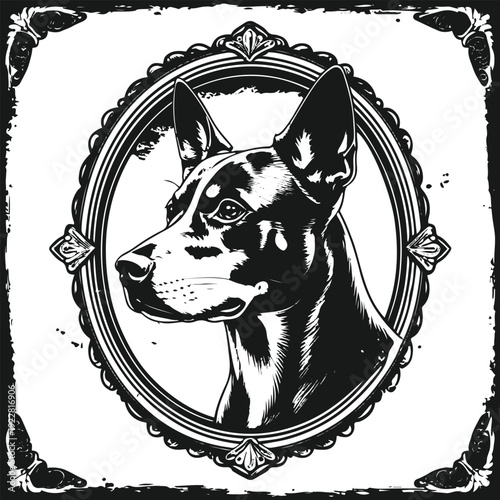Pure black and white vector illustration of dog side profile inside retro badge frame 2
