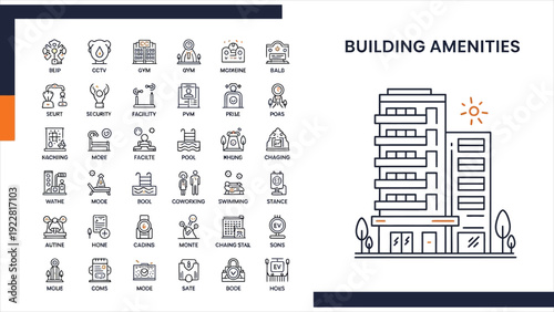 Residential & Commercial Building Amenities Icon Set – Editable Stroke.