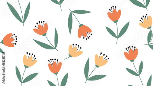 Seamless floral pattern featuring simple orange and yellow flowers with green leaves and stems arranged on a clean white background.