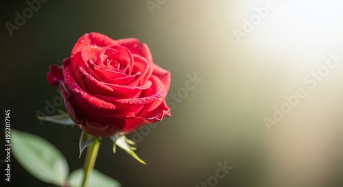 Beautiful red rose covered in morning dew glistens softly in gentle sunlight, symbolizing love and romance.