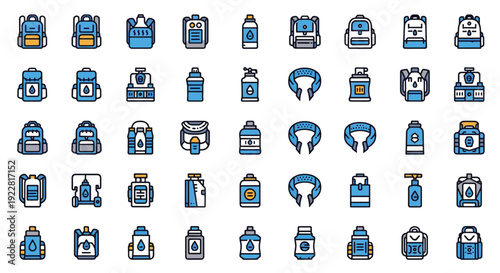 A grid of thirty-six icons representing various objects and concepts in shades of blue, gray, and orange on a plain white background viewed directly from the front.
