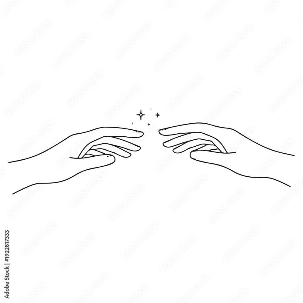 Obraz premium Minimal Thin Line Illustration of Two Hands Reaching with Slight Gap – Emotional Connection Concept