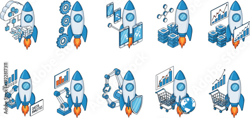 Isometric rocket vector set, business growth, innovation, technology, data analytics, finance, e‑commerce, cybersecurity, automation, science, mobile apps