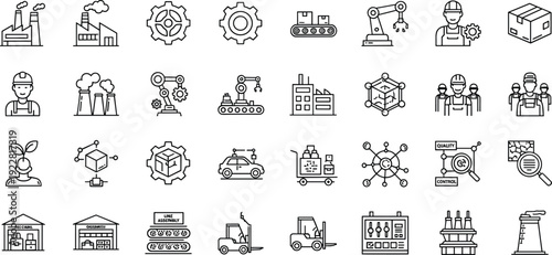 Manufacturing industry icons set, factory gear robotic arm worker logistics, production process assembly line packaging quality control vector illustration pack