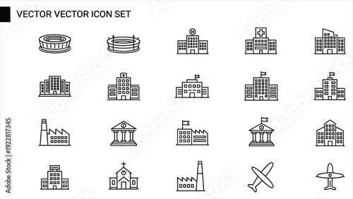  Urban Infrastructure & Building Vector Icon Set – Editable Stroke