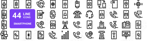Set of 44 thin line smartphone and mobile technology icons. Vector illustration with phone, wifi, charging, smartwatch, headset, communication, wireless connectivity symbols